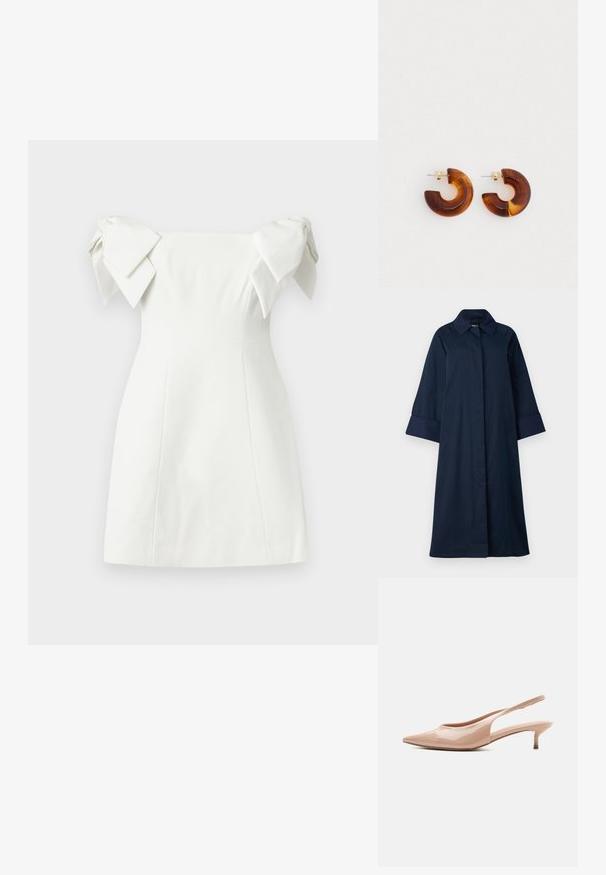 ONLY Tall ONLORCHID - Trentšmantel - night sky; Valge õlgadeta mini-kleit struktureeritud bodi ja suurepäraste lipsudetailidega mõlemal õlal, istuv siluett.; Beeži lakknahast slingback kingad terava varba ja madala kassi kontsaga, vaadatuna profiilis valgel taustal.; Pruunist akrüülist rõngastooted, millel on kõverdisain. Kuldse tooniga riistvara. Sile pind läikiva viimistlusega.