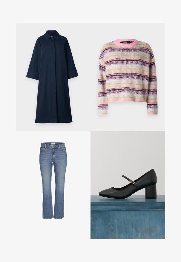 ONLY Tall ONLORCHID - Trenchcoat - night sky; Vero Moda VMROXYO-NECK - Trui - fuchsia pink/birch/cosmic sky /forest shade/plum; Mid-blauwe rechte denim jeans met een sluiting van knoop en rits aan de voorkant, riemlussen en voor- en achterzakken.; Zwarte Mary Jane-schoen met blokhak en gouden gesp, zwevend boven een gladde betonnen vloer in een minimalistische binnenomgeving.