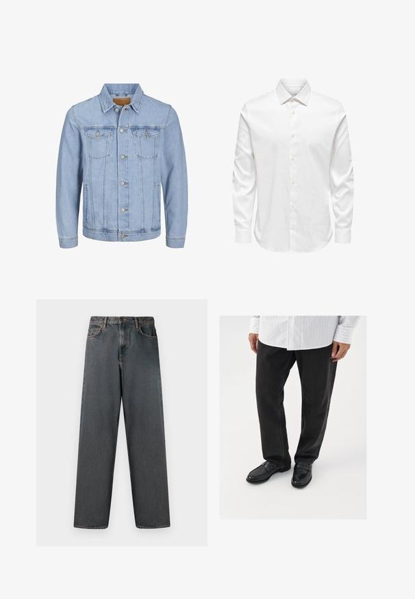 Helles blaues Jeansjackett mit Kragen, Knopfverschluss, zwei Brusttaschen, Seitentaschen und gestickten Details entlang der Nähte.; Weißes Herrenhemd mit langen Ärmeln, spitzem Kragen und einer vorderen Reihe weißer Knöpfe auf einfarbigem Hintergrund.; Dunkelgraue Jeans aus Denim mit einem geraden Bein-Design, fünf Taschen und einem Knopf- und Reißverschluss. Der Stoff zeichnet sich durch subtile Ausbleichungen und Nähte aus.; Schwarze Jeans kombiniert mit glänzenden schwarzen Slippern. Das Hemd ist weiß mit dünnen vertikalen Streifen, hat lange Ärmel und einen geknöpften Kragen.