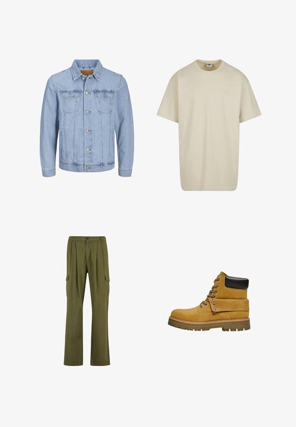 Helles blaues Jeansjackett mit Kragen, Knopfverschluss, zwei Brusttaschen, Seitentaschen und gestickten Details entlang der Nähte.; Hellbeiges Baumwoll-T-Shirt mit kurzen Ärmeln, Rundhalsausschnitt und legerer Passform. Der Stoff wirkt glatt ohne sichtbare Muster oder Akzente.; Urban Classics WIDE - Cargohose - lightolive; Hellbrauner Arbeitsstiefel mit schwarzem gepolstertem Schaft, Schnürung vorne, umgeschlagener Lasche mit Metalleinlässen und dicker Gummiprofilsohle.