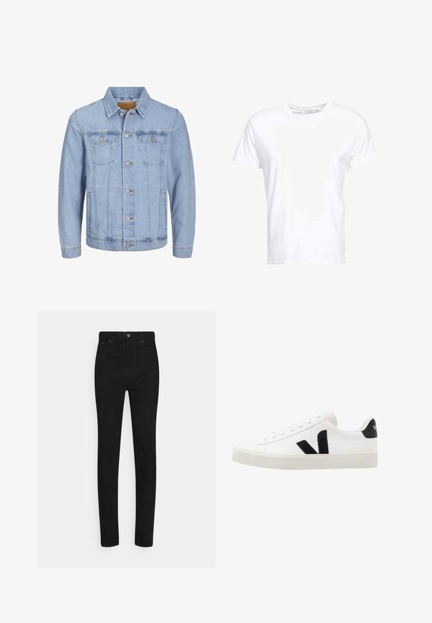 Lichtblauwe denim jas met een kraag, knoopsluiting, twee borstzakken, zijzakken en gestikte details langs de naden.; Witte katoenen t-shirt met een ronde hals en korte mouwen, in een klassiek model met een gladde textuur. Geen patronen of hardware zichtbaar.; Zwarte denim skinny jeans met een hoge taille, voorzien van een knoopsluiting aan de voorkant en vijf zakken. Gladde textuur en nauwsluitende pasvorm.; Witte leren sneaker met zwarte suède accenten; voorzien van een rubberen zool, ronde neus en een klassieke vetersluiting. Zijkant met logo in het zwart.