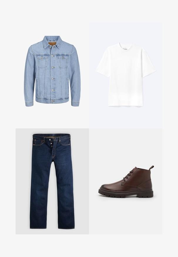 Lichtblauwe denim jas met een kraag, knoopsluiting, twee borstzakken, zijzakken en gestikte details langs de naden.; Effen witte T-shirt met korte mouwen en ronde hals, met een losse pasvorm, weergegeven op een lichte achtergrond.; Donkere blauwe denim jeans met een rechte pijp, vijf zakken en gouden stiksels. Voorzien van een knoopsluiting en koperen klinknagels. Gladde textuur.; Zign Veterboots - dark brown