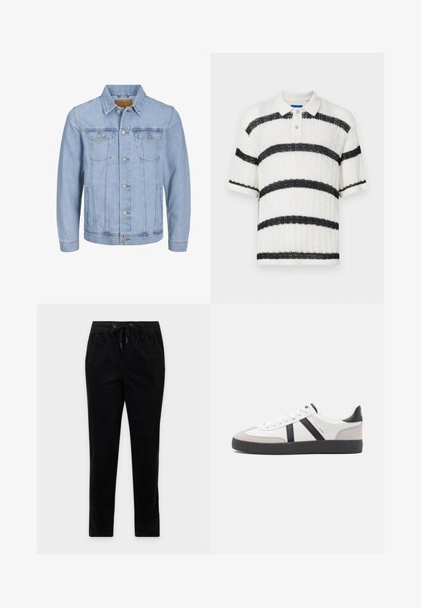 Lichtblauwe denim jas met een kraag, knoopsluiting, twee borstzakken, zijzakken en gestikte details langs de naden.; Witte polo met korte mouwen van textuurstof, met brede zwarte horizontale strepen en een kraag met drie knopen met doorzichtige knopen.; Zwarte corduroy broek met rechte pijpen, elastische tailleband, trekkoord en zijzakken, getoond tegen een effen achtergrond.; Witte sneaker met zwarte en grijze accenten, voorzien van een grijze neus met textuur, zwarte rubberen zool en platte witte veters. Schoon ontwerp, minimalistische stijl.