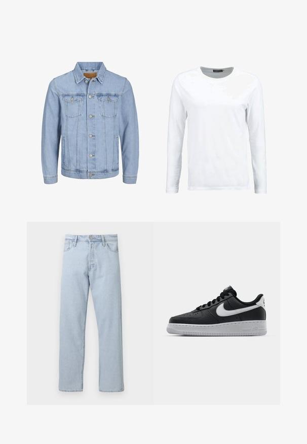 Lichtblauwe denim jas met een kraag, knoopsluiting, twee borstzakken, zijzakken en gestikte details langs de naden.; Witte langemouwen T-shirt gemaakt van katoen, met een ronde hals en een gladde textuur. Geen patronen of accenten. Eenvoudig ontwerp.; Lichtblauwe denim jeans met rechte pijpen, een knoop- en ritssluiting aan de voorkant, riemlussen en voorzakken op een witte achtergrond.; Zwarte lederen sneaker met een textuur oppervlak, witte Nike swoosh, grijze zool, ronde neus en vetersluiting. Bevat perforaties op de neus.