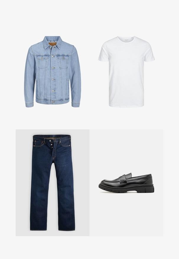 Lichtblauwe denim jas met een kraag, knoopsluiting, twee borstzakken, zijzakken en gestikte details langs de naden.; Ronde hals kortemouwen t-shirt in effen wit, gemaakt van zachte katoen, heeft een eenvoudig ontwerp zonder zichtbare patronen of accenten.; Donkere blauwe denim jeans met een rechte pijp, vijf zakken en gouden stiksels. Voorzien van een knoopsluiting en koperen klinknagels. Gladde textuur.; Zwarte leren instapper met een brede band over de voet, rubberen zool met dikke noppen en een gladde textuur. Klassiek, strak ontwerp.