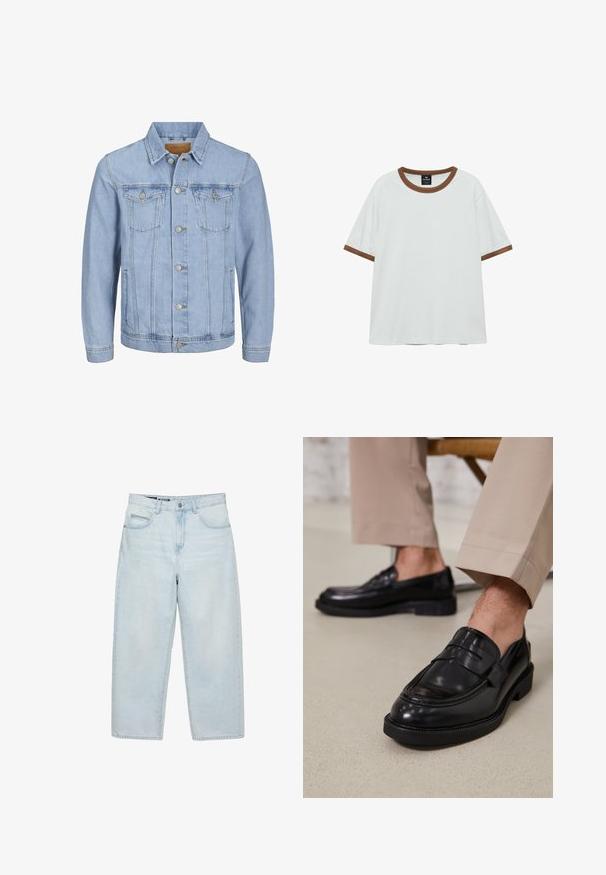 Lichtblauwe denim jas met een kraag, knoopsluiting, twee borstzakken, zijzakken en gestikte details langs de naden.; Wit T-shirt met korte mouwen en bruine bies op de kraag en mouwzomen, plat weergegeven tegen een witte achtergrond.; Lichtblauwe high-waist baggy jeans met voorzakken en knoopsluiting, getoond op een witte achtergrond.; Zwarte leren loafers met een gladde afwerking, voorzien van een decoratieve band en contrasterende stiksels, gecombineerd met beige broeken.