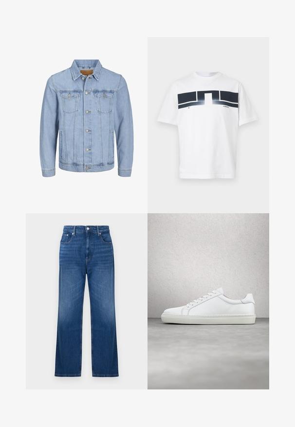 Helles blaues Jeansjackett mit Kragen, Knopfverschluss, zwei Brusttaschen, Seitentaschen und gestickten Details entlang der Nähte.; Weißes Baumwoll-T-Shirt mit einem marineblauen geometrischen Design auf der Brust, kurzen Ärmeln und Rundhalsausschnitt. Der Text lautet 'J.Lindeberg' und '96'.; Hochtaillierte blaue Jeans aus Denim mit geradem Bein und klassischem Fünf-Taschen-Design vor einem einfarbigen weißen Hintergrund.; Weißer Sneaker mit glattem Lederobermaterial und niedrigem Profil. Verfügt über eine runde Zehenpartie, sechs Ösen und eine strukturierte Gummisohle.