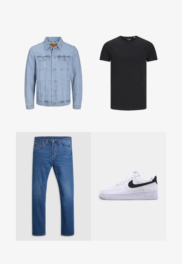 Lichtblauwe denim jas met een kraag, knoopsluiting, twee borstzakken, zijzakken en gestikte details langs de naden.; Zwarte katoenen T-shirt met een ronde hals, korte mouwen en een eenvoudig ontwerp. Soepele textuur, geen patronen of zichtbare hardware.; Blauwe rechte jeans met een sluiting van een knop en rits aan de voorkant, vijf zakken en lichte vervaging op de dijen, plat weergegeven op een lichte achtergrond.; Witte leren sneaker met een gestructureerde zwarte Swoosh, platte veters en een rubberen zool met een geribbeld patroon. "AIR" is in de hak geperst.