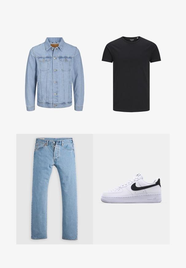Lichtblauwe denim jas met een kraag, knoopsluiting, twee borstzakken, zijzakken en gestikte details langs de naden.; Zwarte katoenen T-shirt met een ronde hals, korte mouwen en een eenvoudig ontwerp. Soepele textuur, geen patronen of zichtbare hardware.; Lichtblauwe rechte spijkerbroek met knoopsluiting, riemlussen en voor- en achterzakken, weergegeven op een witte achtergrond.; Witte leren sneaker met een gestructureerde zwarte Swoosh, platte veters en een rubberen zool met een geribbeld patroon. "AIR" is in de hak geperst.