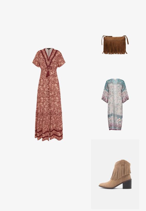 Kimono transparente en verde azulado, crema y malva con patrones florales y de paisley, con un frente abierto y mangas anchas. Tela ligera con un diseño fluido.; Vestido maxi con mangas cortas, escote en V profundo, estampado floral burdeos sobre beige, cintura fruncida con lazo de borlas y dobladillo con volantes y encaje.; Bota de ante color tan con punta redondeada y parte superior con flecos. Cuenta con un tacón ancho de altura media y un diseño robusto con un detalle de asa en la parte trasera.; Bolso cruzado marrón de ante con detalle de flecos largos y cierre de cremallera sobre fondo blanco.