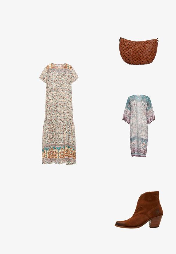 Kimono transparent en teal, crème et mauve avec des motifs floraux et paisley, à l'avant ouvert et à manches larges. Tissu léger avec un design fluide.; Robe maxi florale avec un fond crème, des motifs floraux colorés, des manches courtes, un col rond et une bordure à volants.; Bottine en daim marron avec un bout pointu, une couture décorative et un talon empilé. Dotée d'un onglet latéral pour un enfilage facile.; Sac bandoulière en cuir marron avec motif tissé et fermeture éclair, forme rectangulaire arrondie et petits anneaux métalliques de chaque côté.