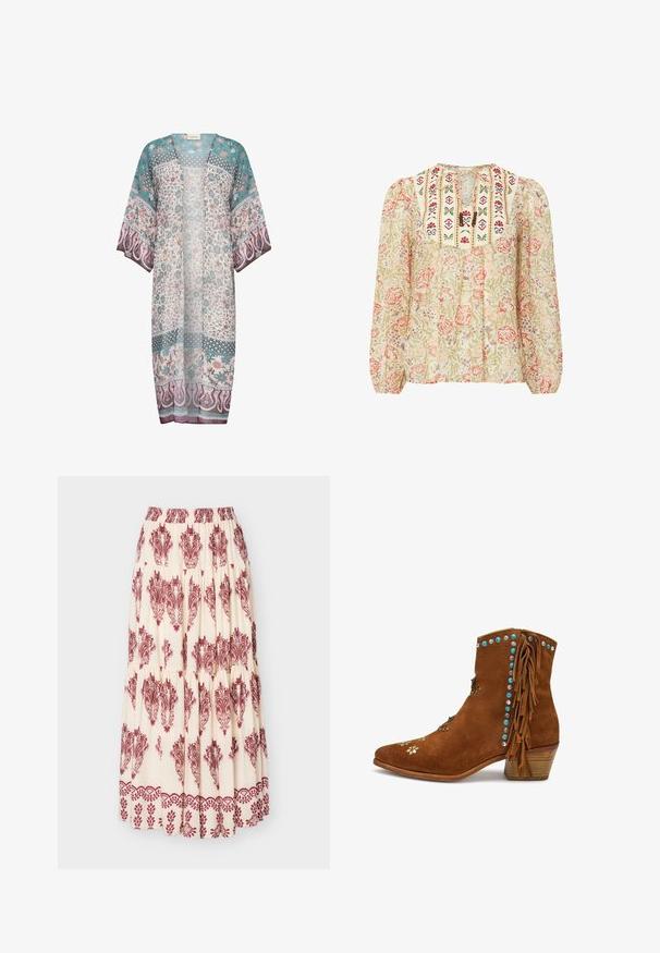 Kimono transparente en verde azulado, crema y malva con patrones florales y de paisley, con un frente abierto y mangas anchas. Tela ligera con un diseño fluido.; Blusa con un estampado floral en colores pastel, que presenta rayas verticales bordadas y un escote en forma de ojal, con mangas abullonadas y una textura suave.; Falda maxi crema con estampados de borde paisley y floral en color burdeos, con volantes fruncidos y cintura elástica.; Bota de ante marrón hasta el tobillo con tacón apilado, tachuelas turquesas y plateadas, bordado floral y detalles de flecos en el lateral.
