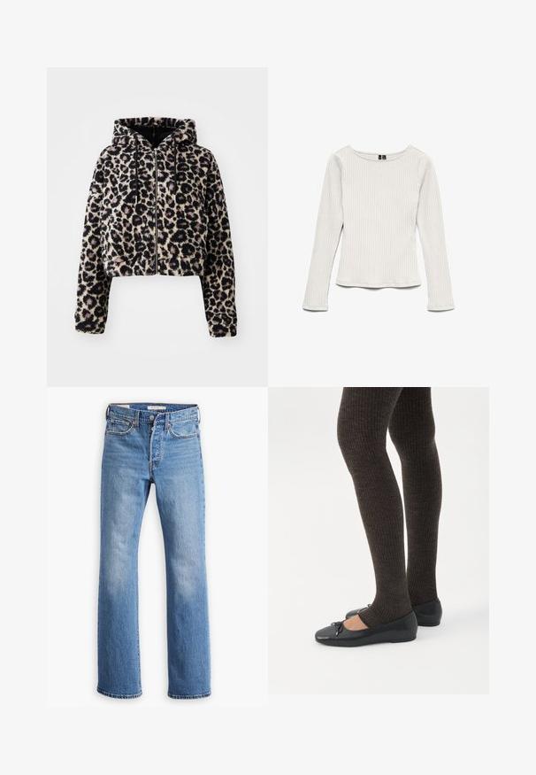 Chaqueta corta con capucha de suave piel sintética en color base marrón claro con manchas de leopardo negro. Presenta un cierre de cremallera en la parte delantera y cordones en la capucha.; Top blanco de manga larga con textura acanalada, cuello redondo, silueta ajustada y ligera campana en el dobladillo, presentado sobre un fondo blanco.; Jeans de mezclilla azul con un diseño de pierna recta, presentan una cintura alta, un estilo clásico de cinco bolsillos y un desvanecimiento distintivo en los muslos.; Piernas con leggings oscuros acanalados combinados con bailarinas negras que presentan pequeños detalles de lazo sobre un fondo blanco.