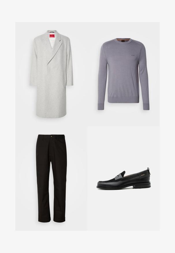 Manteau en mélange de laine gris avec un col cranté, des manches longues et une fermeture à un bouton. Il est doté d'une poche plaquée et d'une étiquette rouge vif à l'intérieur.; Pull en tricot violet clair avec un col rond, des poignets et un ourlet côtelés. Présente un petit logo brodé sur la poitrine. Texture lisse.; Pantalon en coton noir avec une coupe droite, des passants de ceinture, une fermeture éclair à l'avant et un seul bouton. Texture lisse sans motifs visibles.; Mocassin en cuir noir avec détail de bride grise, talon bas et semelle texturée, marqué "HUGO" en or sur le côté.