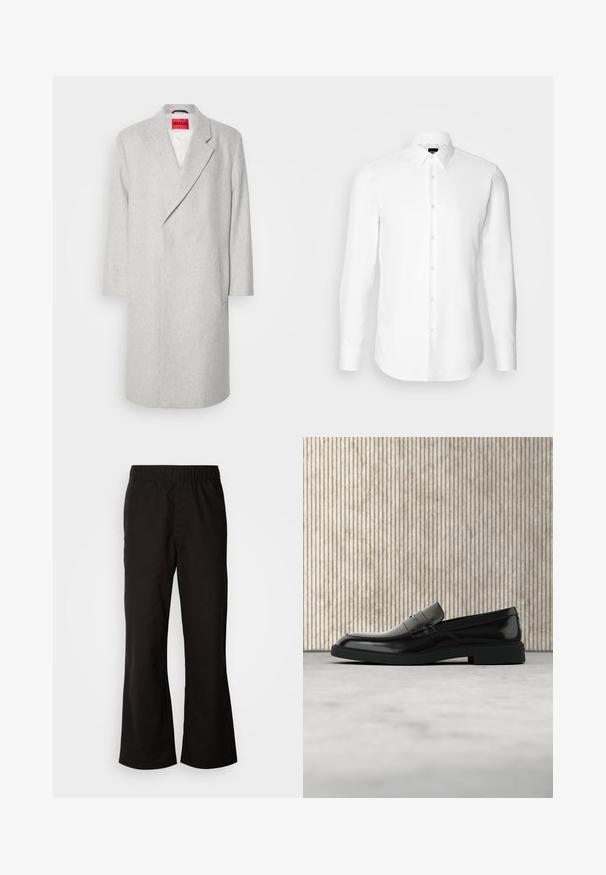 Manteau en mélange de laine gris avec un col cranté, des manches longues et une fermeture à un bouton. Il est doté d'une poche plaquée et d'une étiquette rouge vif à l'intérieur.; Chemise blanche à manches longues, boutonnée sur le devant, col classique, fabriquée en tissu lisse avec une texture subtile, conçue pour une coupe ajustée.; Pantalons à taille élastique noire avec une forme évasée, fabriqués en tissu de coton lisse. Présente un design simple et des ouvertures de jambe droites.; Mocassin en cuir noir poli flottant au-dessus d'un tapis beige avec un mobilier translucide orange en arrière-plan.