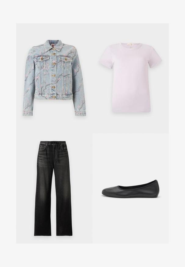 Φωτεινό γαλάζιο τζιν μπουφάν με ροζ τυπωμένο σχέδιο κλαδιού με λουλούδια, κλείσιμο με κουμπιά μπροστά, δύο τσέπες στο στήθος με καπάκι και μακριά μανίκια.; Μωβ ανοιχτό κοντομάνικο βαμβακερό T-shirt με στρογγυλή λαιμόκοψη, ορατές ραφές και υφασμάτινη ετικέτα στο πίσω μέρος του γιακά.; Μαύρο τζιν με φαρδύ πόδι, ελαστική μέση και κορδόνι, με εμπρόσθιες τσέπες και ελαφρώς ξεθωριασμένες λεπτομέρειες.; Μαύρο δερμάτινο μπαλαρίνι με στρογγυλή μύτη, λεία υφή, ελάχιστες λεπτομέρειες ραφής και σχεδίαση ευέλικτης σόλας.