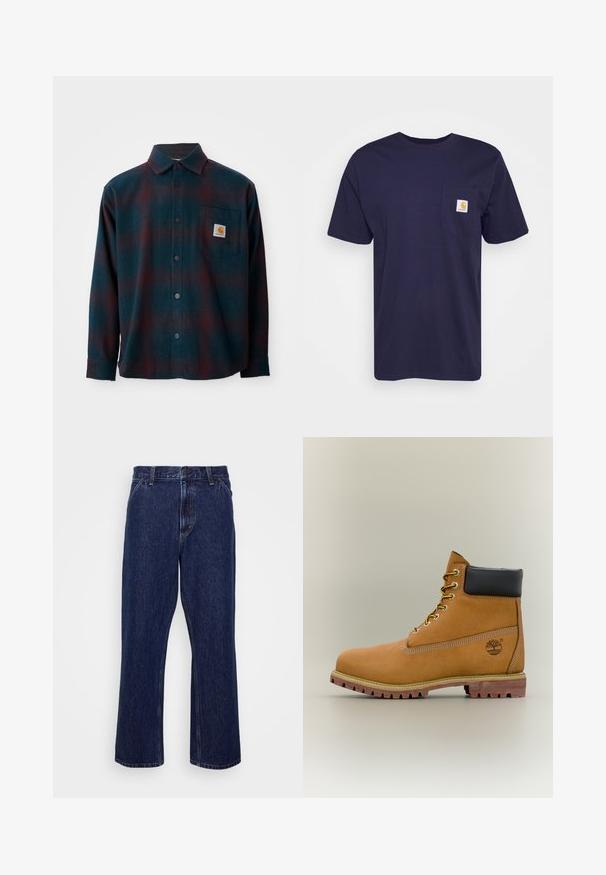 Chemise en flanelle de couleur bleu canard foncé avec un motif à carreaux rouges. Elle possède une fermeture à boutons sur le devant, un col pointu et une poche poitrine avec un patch logo.; T-shirt en coton bleu marine à manches courtes, col rond, avec une poche sur la poitrine gauche arborant un logo Carhartt brodé en jaune et blanc.; Jeans en denim bleu foncé avec une coupe droite, dotés d'une fermeture à bouton, d'un style à cinq poches et de détails de couture subtils.; Bottine en cuir marron avec col noir, lacets jaunes et semelle beige. Présente un logo et des détails de couture blanche. Semelle extérieure à traction robuste.