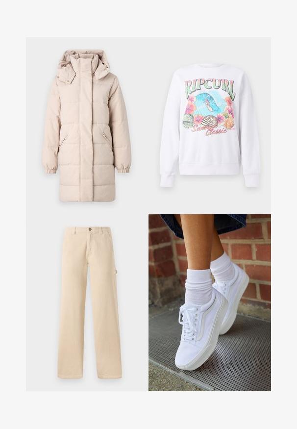 Beige puhvjakker kõrge kraega ja eemaldatava kapuutsiga. Omab külgsete tõmblukkude taskuid ja elastseid mansette. Sile tekstuur, tikandiga disain.; Valge kapuutsiga sweatshirth, millel on värvikas grafika "Ripcurl" ülaosas, troopilised lilled ja surfamise stseen. Klassikalise lõikega.; Beige corduroy püksid, millel on lai jalgade lõige, vertikaalne ribakoe, eesmine taskud ja külg nupud detail.; Valged kanvas tennisikud kummitaldadega, kuue silmaga, ümmarguse varbaga ja kergete tikandite detailidega, koos valgete pahkluusokkidega.
