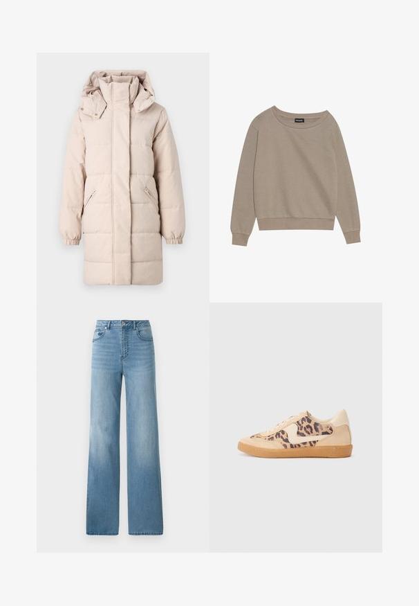 Beige pufferjakke med høj krave og aftagelig hætte. Har sidelommer med lynlås og elastiske manchetter. Glat tekstur, quiltet design.; Beige langærmet sweatshirt med en bred udskæring og ribbede manchetter. Blødt stof, afslappet pasform, har minimale sømme og ingen mønstre.; Lyseblå højtaljede jeans med lige ben. Fremstillet af denim, med fem lommer og knaplukning.; Leopardprint sneakers med beige ruskindsoverdel, tan gummisål og hvide detaljer. Rund pegefinger og snørebåndsdesign med en tekstureret finish.