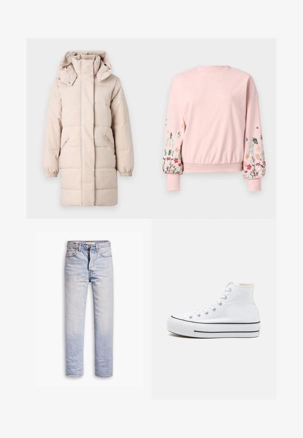Béžová puff ok jacket s vysokým golierom a odnímateľnou kapucňou. Obsahuje bočné zipsové vrecká a elastické manžety. Hladký povrch, prešívaný dizajn.; Ružový sveter s okrúhlym výstrihom, nadmernými rukávmi a kvetinovou výšivkou v rôznych farbách na rukávoch. Ribované manžety a lem.; Svetlomodré džínsové nohavice so strihom rovného strihu, s gombíkovým zapínaním, piatimi vreckami a jemným vyblednutím pozdĺž nohavíc.; Biele vysoké tenisky z plátnovej látky, čierna gumová podrážka a kontrastný čierny pruh na strednej podrážke. Okrúhla špička a zaväzovací dizajn.