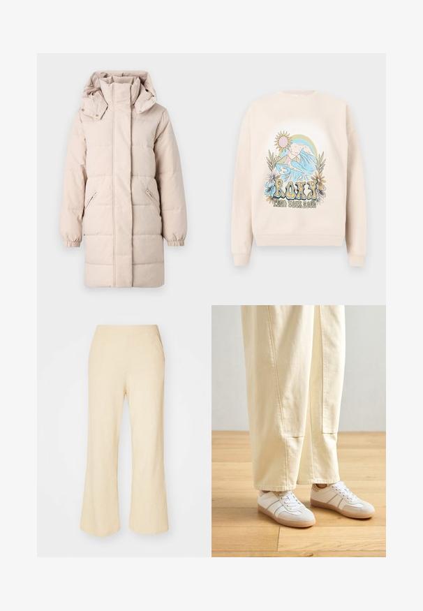Beige Daunenjacke mit hohem Kragen und abnehmbarem Kapuzen. Verfügt über seitliche Reißverschlusstaschen und elastische Bündchen. Glatte Textur, gestepptes Design.; Beiger Pullover mit einem bunten Grafikdesign, das Berge, Wellen, Sonne und Blumen zeigt. Der Schriftzug "ROXY" ist deutlich sichtbar.; Hellbeige weit geschnittene Hose aus strukturiertem Stoff mit einem elastischen Taillenbund und zwei Seitentaschen.; Weiße Sneaker mit einer Kombination aus glatten und Wildledertexturen, ausgestattet mit beigen Akzenten und einer Gummisohle, kombiniert mit hellen, weiten Hosen.