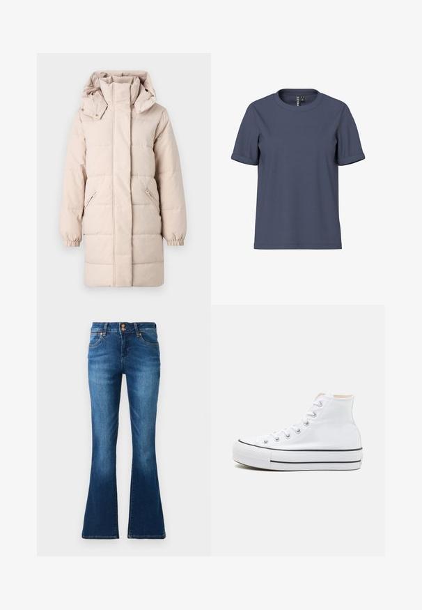 Beige pufferjakke med høj krave og aftagelig hætte. Har sidelommer med lynlås og elastiske manchetter. Glat tekstur, quiltet design.; Blå kortærmet bomuld T-shirt med op rullede manchetter og rund halsudskæring, vist mod en hvid baggrund.; Blå denim flared jeans med forlommer, bæltestropper og dobbelt knaplukning vist på en ensfarvet baggrund.; Hvide høj-top sneakers lavet af kanvasmateriale, sort gummisål og kontrasterende sort stribe på mellemsålen. Rund tåhætte og snørebåndsdesign.