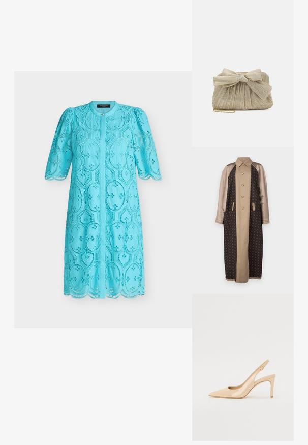 Brun mønstret lang frakke med satinbeige ærmer, frontlukning med knapper og sidelommer. Struktureret stof med geometriske designs.; Lyseblå knælange blonderkjole med blomsterprint, halvt puffede ærmer, bølgekant og rund halsudskæring med enkelt knaplukning.; Nude patenteret læder slingback hæl med spidse tæer, åben vamp og en tynd stiletto hæl. Har et cirkulært guldfarvet element på remmen.; Loeffler Randall PLEATED FRAME WITH BOW - Clutches - platinum