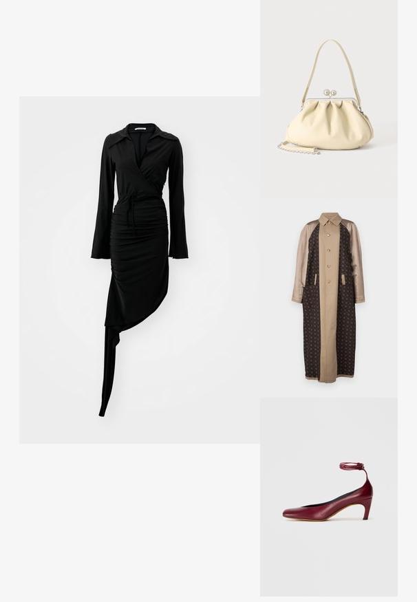 Brun mønstret lang frakke med satinbeige ærmer, frontlukning med knapper og sidelommer. Struktureret stof med geometriske designs.; Sort langærmet kjole med indpakningsdesign, rynket tekstur og asymmetrisk kant. Har en krave og en bundet taljedetalje. Glat stof.; Bordeaux læder højhælede sko med en rund tå og en ankelrem, der har en moderat konisk hæl og en glat overflade.; Cremefarvet blødt læder håndtaske med indsamlet design, sølvramme-lukkemekanisme, kort hank og aftagelig kæderem.