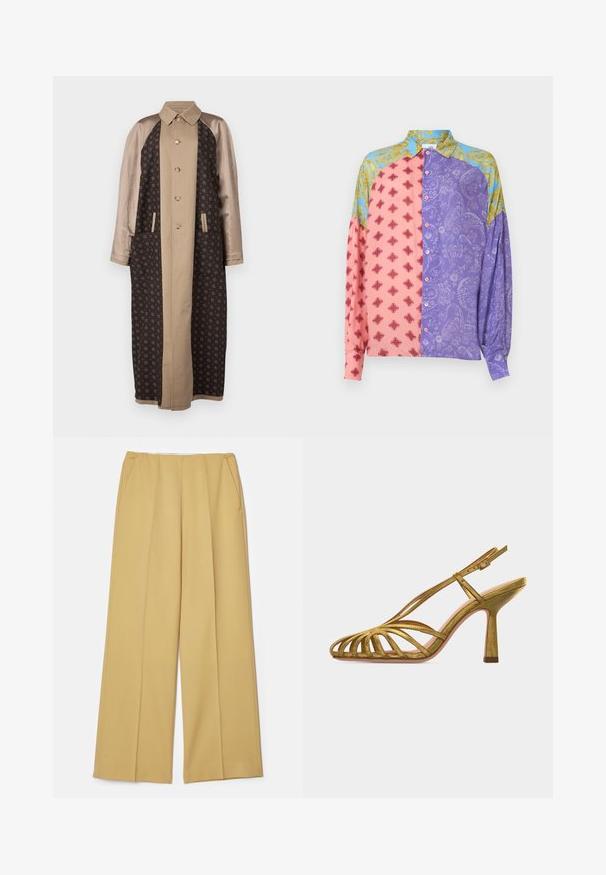 Brun mønstret lang frakke med satinbeige ærmer, frontlukning med knapper og sidelommer. Struktureret stof med geometriske designs.; Langærmet skjorte med knapper og lapper af blå og gul paisley, pink med røde motiver og lilla blomster mønstre på hvid baggrund.; Viddebenede bukser i en sennepsgul stof, med forlommer og en glat tekstur, samt et rent, skræddersyet design.; Guldfarvet sandal med stropper og høje hæle, åben tå, justerbar ankelrem og mellemhøj, tilspidset hæl, set fra siden på hvid baggrund.