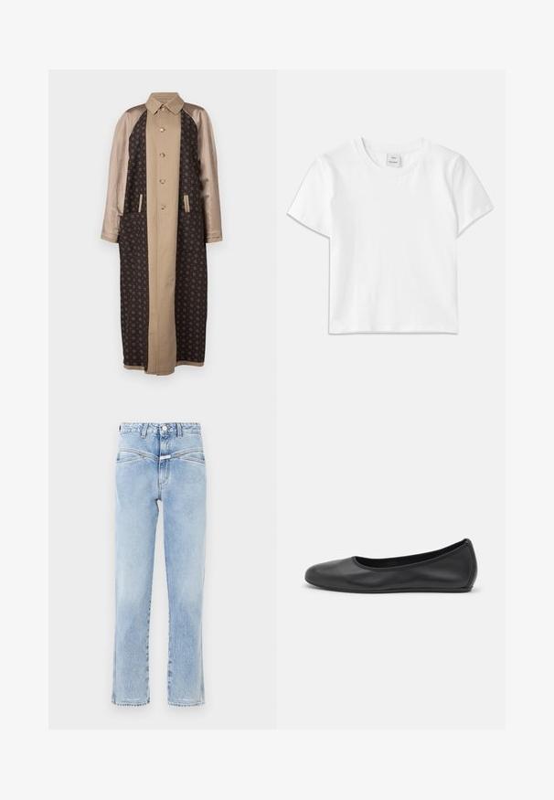 Brun mønstret lang frakke med satinbeige ærmer, frontlukning med knapper og sidelommer. Struktureret stof med geometriske designs.; Hvid bomulds-t-shirt med rund hals, korte ærmer og lige kant. Mærke med teksten "Won Hundred" placeret i midten af halsudskæringen.; Lys blå denim jeans med høj talje og lige pasform. Har subtil falming, standard fem-lomme design og metalknaplukning.; Sort læderballetsko med rund tå, glat tekstur, minimal syning og et fleksibelt såldesign.
