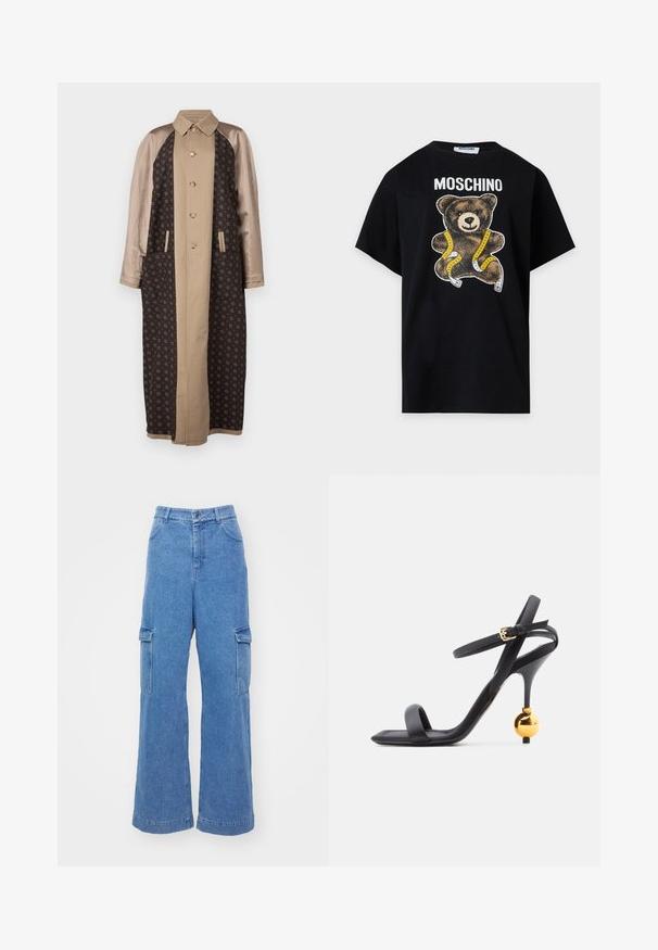 Brun mønstret lang frakke med satinbeige ærmer, frontlukning med knapper og sidelommer. Struktureret stof med geometriske designs.; Sort Moschino t-shirt med en teddybjørn indhyllet i gul og hvid målebånd trykt under mærkenavnet.; Lys blå denim cargo bukser med bred ben design, der har to sidelommer og en knaplukning i taljen.; Sort højhælet sandal med tynd anklerem og unikt guldfarvet kugleformet hældetalje, der har et firkantet tådesign.