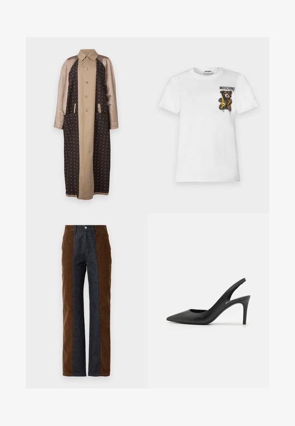 Brun mønstret lang frakke med satinbeige ærmer, frontlukning med knapper og sidelommer. Struktureret stof med geometriske designs.; Hvid t-shirt med korte ærmer med en lille brun teddybjørn indpakket i et gult målebånd og tekst "MOSCHINO" på øverste venstre bryst.; Corduroy- og denimbukser med lodret panelering i mørkebrun og navy blå, med lige pasform og standard fem-lomme design.; Sorte læder slingback høje hæle med spids tå-design, der har en udskæring fortil og en tynd stiletto-hæl.