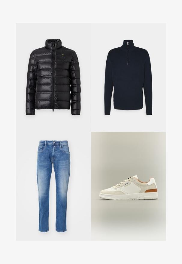Zwarte pufferjack met horizontaal gestikt patroon, opstaande kraag, ritssluiting aan de voorkant en een klein logo op de linkerborst.; Samsøe Samsøe GUNAN TURTLE NECK ZIP - Trui - sky captain; Lichtblauwe denim jeans met een rechte pasvorm, vijf-pocket ontwerp, subtiele vervaging en een standaard tailleband met knoopsluiting.; Low-top Lee sneaker in wit en beige met suedine details, bruine accenten op de hiel, vetersluiting en een gesoleerde zool met merklabel aan de zijkant.
