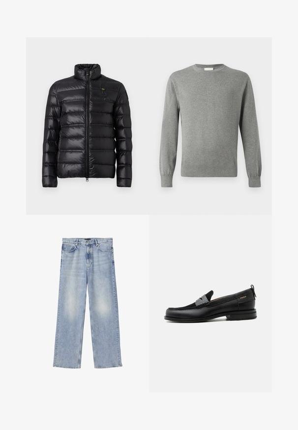 Chaqueta de plumas negra con patrón de acolchado horizontal, cuello alzado, cierre frontal con cremallera y pequeño parche de logo en el lado izquierdo del pecho.; Calvin Klein Jersey de punto - medium grey; Vaqueros de mezclilla de pierna recta en azul claro con cinco bolsillos, trabillas para cinturón y cierre de botón.; Mocasín de cuero negro con detalle de tira gris, tacón bajo y suela texturizada, con la marca "HUGO" en oro en el lateral.
