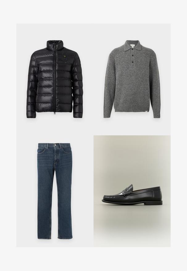 Chaqueta de plumas negra con patrón de acolchado horizontal, cuello alzado, cierre frontal con cremallera y pequeño parche de logo en el lado izquierdo del pecho.; Jersey gris de punto con cuello tipo polo, tapeta con cinco botones, mangas largas y puños de canalé; presenta una tela texturizada con sutiles motas.; Vaqueros de mezclilla azul oscuro con corte recto, cinco bolsillos, cierre de botón y costuras visibles. El material tiene una textura con un diseño clásico.; Mocasín de hombre de cuero negro con diseño moc-toe, tira de tipo penny y tacón bajo sobre fondo neutro.