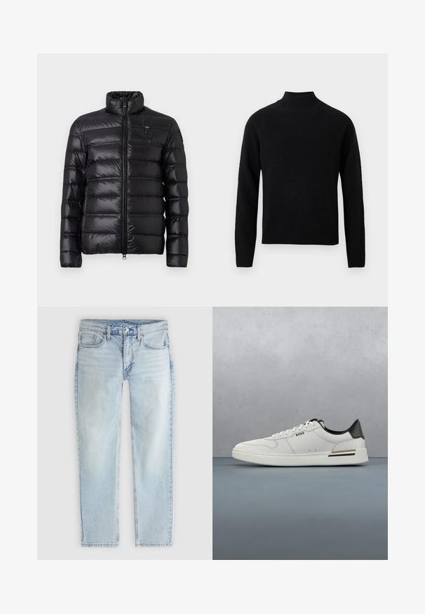 Chaqueta de plumas negra con patrón de acolchado horizontal, cuello alzado, cierre frontal con cremallera y pequeño parche de logo en el lado izquierdo del pecho.; Jersey de cuello alto negro con mangas largas, fabricado con un material de punto suave. Presenta un cuello y bajo acanalados para una silueta ajustada.; Vaqueros azul claro de corte recto con cierre delantero de botón y cremallera, bolsillos delanteros y traseros, y detalles de costuras visibles.; Zapatilla baja blanca con talón negro, cierre con cordones, perforaciones sutiles y el logo "BOSS" en el costado, mostrada desde el perfil exterior.