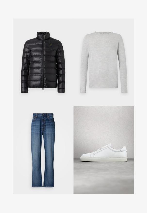 Chaqueta de plumas negra con patrón de acolchado horizontal, cuello alzado, cierre frontal con cremallera y pequeño parche de logo en el lado izquierdo del pecho.; Camisa de manga larga gris hecha de un tejido suave y texturizado, con cuello redondo y corte recto, sin patrones o acentos visibles.; Jeans de mezclilla azul con cintura alta, piernas acampanadas, diseño de cinco bolsillos y costuras tonales. Cuenta con cierre de botón y bolsillos remachados.; Zapatilla blanca con parte superior de cuero liso y perfil bajo. Presenta una puntera redondeada, seis ojales y una suela de goma texturizada.