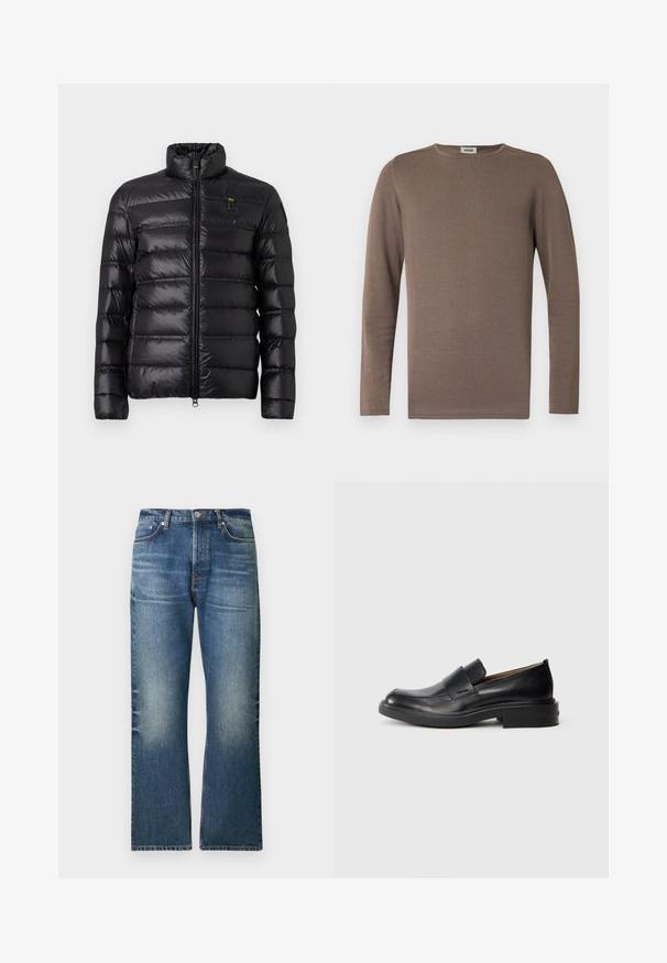Chaqueta de plumas negra con patrón de acolchado horizontal, cuello alzado, cierre frontal con cremallera y pequeño parche de logo en el lado izquierdo del pecho.; Camisa de manga larga marrón hecha de tela suave, con cuello redondo y textura acanalada. Diseño simple y clásico sin adornos.; Jeans de mezclilla azul claro con diseño de pierna recta, que presenta áreas desteñidas, cinco bolsillos y un cierre clásico de botón en la cintura.; Zapato de vestir negro de cuero sin cordones con tacón bajo y un sutil logo de Calvin Klein en el lateral, mostrado en perfil sobre un fondo blanco.