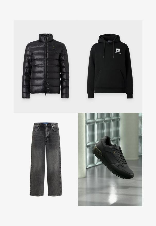 Schwarze Daunenjacke mit horizontalem Steppmuster, Stehkragen, Frontreißverschluss und kleinem Logo-Patch auf der linken Brust.; Schwarze Kapuzenjacke aus weichem Stoff, mit einer Fronttasche, Kordelzugkapuze und einem kleinen Grafik-Logo-Patch auf der Brust.; Schwarz verwaschene Straight-Leg-Denim-Jeans mit Frontknopf und Fünf-Taschen-Design, mit Karl Lagerfeld-Label am inneren Bund.; Schwarzer sportlicher Sneaker mit strukturierten Paneelen, Schnürverschluss und goldenem Akzent an der Ferse, schwebend über einem polierten Betonboden.