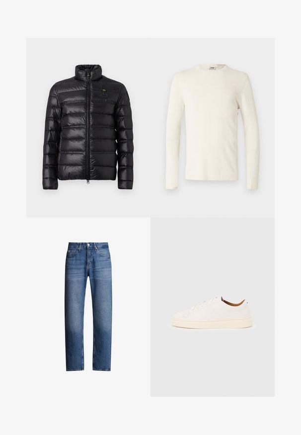 Doudoune noire avec motif matelassé horizontal, col montant, fermeture à zip sur le devant et petit patch logo sur la poitrine gauche.; T-shirt à manches longues et col rond de couleur blanc cassé, fabriqué en coton doux avec une texture lisse et un design minimaliste. Aucun motif visible.; Jeans en denim bleu avec une coupe droite, cinq poches et une fermeture éclair. Présente une légère décoloration et des coutures le long des coutures.; Baskets blanches basses avec un design à lacets, des détails de couture minimalistes, et une semelle couleur crème sur un fond gris clair.