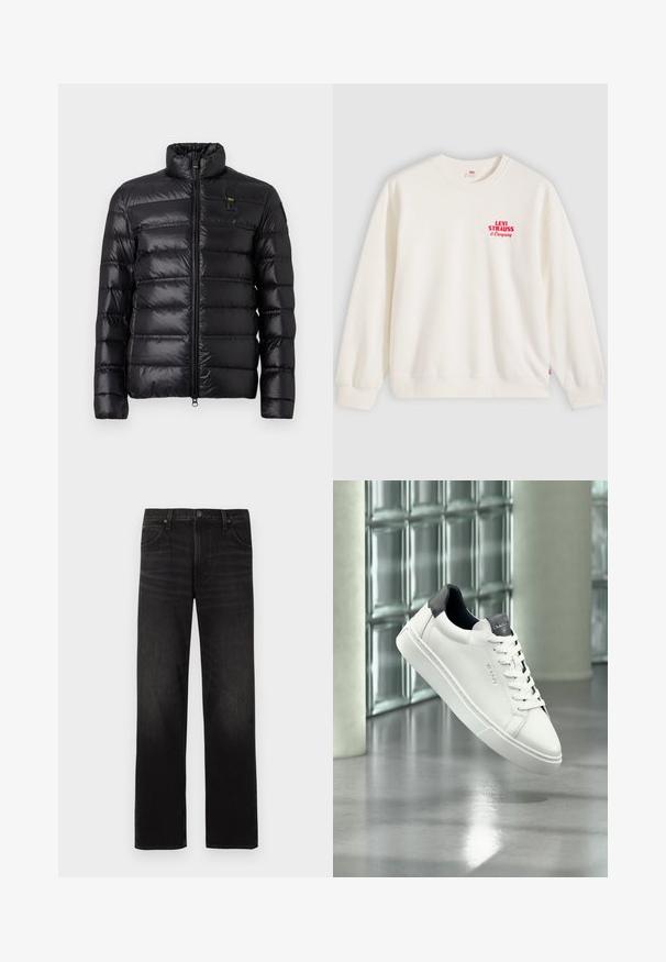 Schwarze Daunenjacke mit horizontalem Steppmuster, Stehkragen, Frontreißverschluss und kleinem Logo-Patch auf der linken Brust.; Weißes Sweatshirt mit Rundhalsausschnitt, roter Aufschrift "Levi Strauss & Company" auf der oberen linken Brust sowie gerippten Bündchen und Saum.; Schwarze Jeans mit geradem Bein, fünf Taschen und Knopfverschluss, flach auf einem hellen Hintergrund ausgelegt.; Weißer Ledersneaker mit schwarzer Ferse und Zunge, Schnürdesign, GANT-Logo an Seite und Zunge, präsentiert in modernem Innenraum.