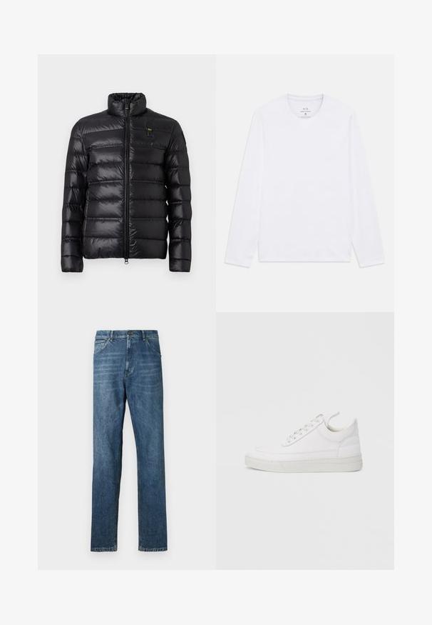 Chaqueta de plumas negra con patrón de acolchado horizontal, cuello alzado, cierre frontal con cremallera y pequeño parche de logo en el lado izquierdo del pecho.; Camisa blanca de manga larga con cuello redondo y el logo de Armani Exchange impreso en el interior del cuello, talla mediana.; Jeans de mezclilla azul oscuro, diseño de pierna recta, estilo de cinco bolsillos, costura visible y cierre clásico de botón. Ligera efecto de lavado en la tela.; Zapatilla blanca de cuero con punta redondeada, suela plana y cierre de cordones. Presenta detalles de costuras y un cuello acolchado para mayor comodidad.
