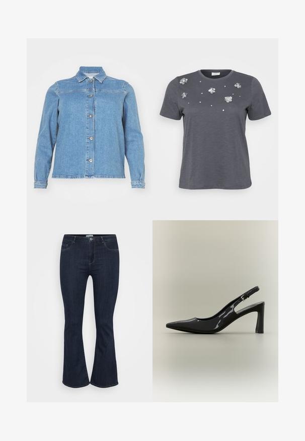 Lyseblå denimjakke med krave, lange ærmer, frontlukning med knapper og to brystlommer. Har en let slidt kant.; Grå bomulds T-shirt med korte ærmer, prydet med metallic blomsterapplikationer og palietter arrangeret på forsiden. Blød tekstur, afslappet pasform.; Mørkeblå høj talje denim jeans med tætsiddende lår og let flared nederst, med forlommer og knaplukning.; Sort laklæder slingback pumpt med spids tå, blokhæl i mellemstørrelse og justerbar spænde.