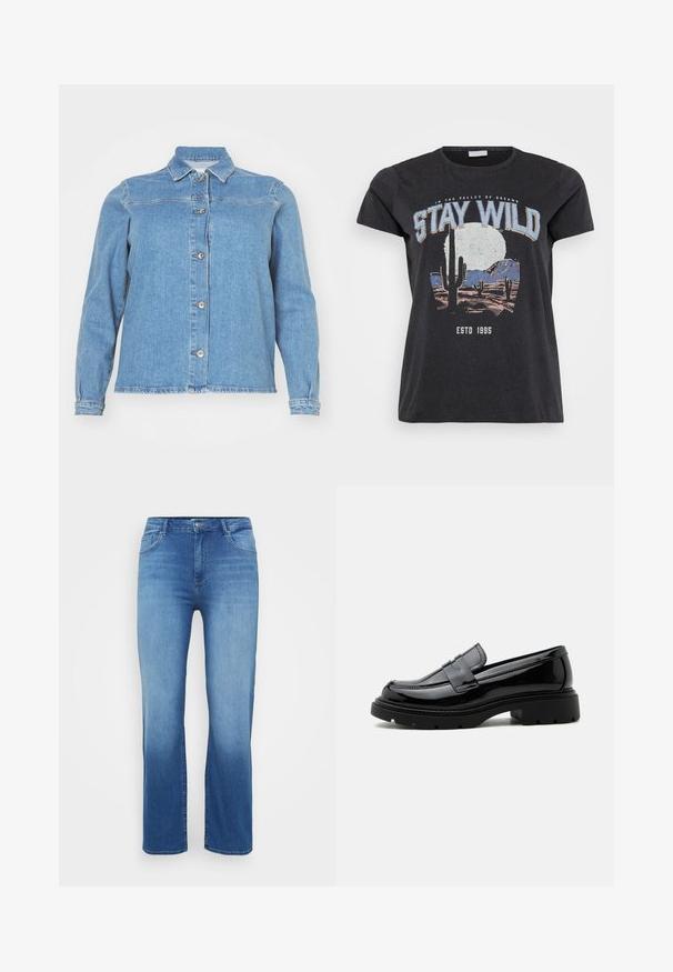 Lyseblå denimjakke med krave, lange ærmer, frontlukning med knapper og to brystlommer. Har en let slidt kant.; Sort bomulds t-shirt med et grafisk print af en ørken-scene med kaktusser, en måne og sætningen "STAY WILD" i blå skrifttype.; Lysblå denimjeans med lige snit, fem-lomme design og en slidt effekt ved kanten. Knaplukning i taljen.; Sort skinnende læderloafer med kraftig sål og pennyrem, vist i sideprofil på en ensfarvet hvid baggrund.