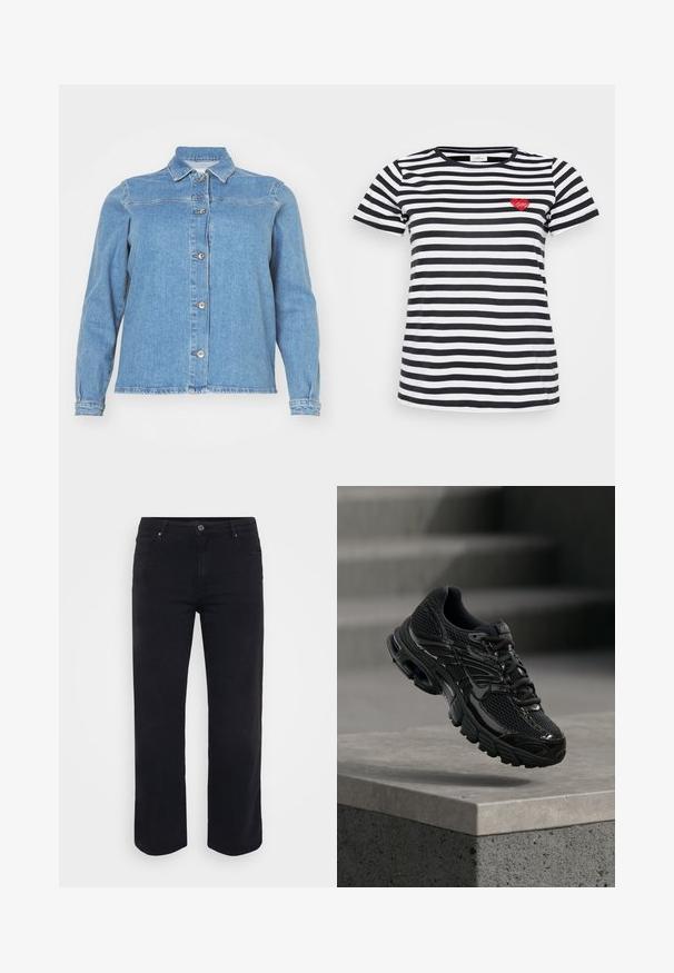 Lyseblå denimjakke med krave, lange ærmer, frontlukning med knapper og to brystlommer. Har en let slidt kant.; Sort og hvid stribet t-shirt med rund hals og korte ærmer, med en lille rød hjertebrodering på venstre bryst.; Sorte denimjeans med lige ben-design. Funktioner inkluderer en knaplukning i taljen, bæltestropper og front-/baglommer. Glat tekstur.; Sort Nike løbesko med mesh og syntetisk overdel, der svæver over en betonoverflade og trin i baggrunden.