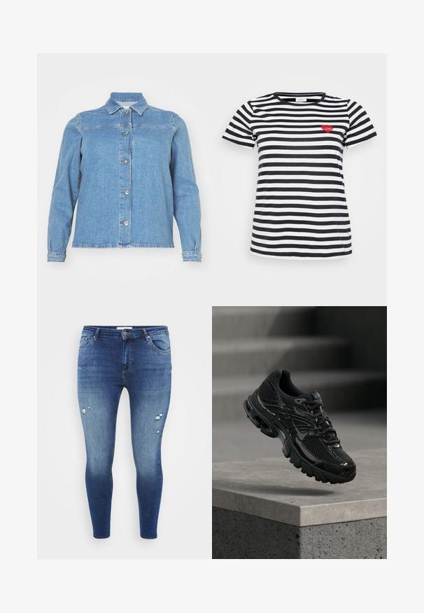 Lyseblå denimjakke med krave, lange ærmer, frontlukning med knapper og to brystlommer. Har en let slidt kant.; Sort og hvid stribet t-shirt med rund hals og korte ærmer, med en lille rød hjertebrodering på venstre bryst.; Slim fit jeans lavet af denim med en mellemblå vask, der har slidte huller ved lårene og en standard talje med bæltestropper.; Sort Nike løbesko med mesh og syntetisk overdel, der svæver over en betonoverflade og trin i baggrunden.