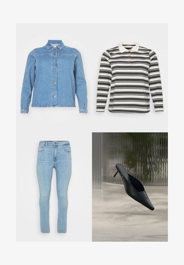 Lichtblauwe denimjack met een kraag, lange mouwen, een sluiting met knopen aan de voorkant en twee borstzakken. Heeft een licht verouderde zoom.; Polo shirt met lange mouwen in een zwart-wit gestreept patroon, voorzien van een contrasterende witte kraag en drie decoratieve knoopaccenten.; Lichtblauwe denim jeans met een slim fit, voorzien van vijf zakken, riemlussen en een standaard rits met knoopsluiting.; Zwarte mule met puntige neus en dunne hoge hak, die boven een gladde betonnen vloer zweeft, met een wazige verticale gestreepte achtergrond.