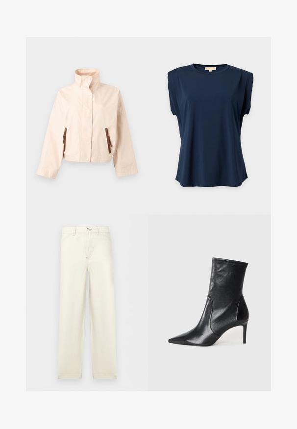 Veste courte beige avec col montant, manches longues, boutons-pression à l'avant et deux poches verticales marron zippées.; Haut sans manches bleu marine avec épaules rembourrées et encolure ronde sur un fond clair uni.; Pantalon droit de couleur blanc cassé avec poches avant, fermeture à boutons et passants pour ceinture, présenté sur un fond clair uni.; Bottes noires à la cheville en cuir lisse, dotées d'un bout pointu, d'un tige ajustée et d'un talon haut fin. Design minimaliste sans quincaillerie visible.