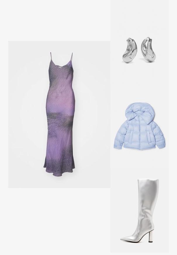 Doudoune bleu clair avec une grande capuche, fermeture éclair et design matelassé. Elle comporte deux poches avant et des poignets élastiques pour un ajustement confortable.; Robe sans manches, ajustée, dans des dégradés de violet et de gris. Tissu lisse avec une texture subtile, tombant à la longueur mi-mollet.; Botte haute argentée à talon haut avec un bout pointu et un talon cylindrique brillant, présentée sur un fond clair uni.; Boucles d'oreilles en argent en forme de créoles avec une finition incurvée et brillante, et un design sans couture. Équipées d'une fermeture à charnière pour un port sécurisé.