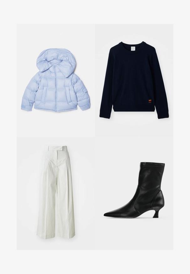 Doudoune bleu clair avec une grande capuche, fermeture éclair et design matelassé. Elle comporte deux poches avant et des poignets élastiques pour un ajustement confortable.; Pull à col ras du cou à manches longues bleu marine avec des poignets et un ourlet côtelés, présentant un petit patch à rayures multicolores près du bas.; Pantalons palazzo en vert clair avec des rayures blanches verticales. Dotés d'une taille haute, de passants de ceinture et d'une texture en coton douce.; Botte mi-mollet en cuir noir avec bout pointu et petit talon kitten, vue de profil sur un fond clair uni.